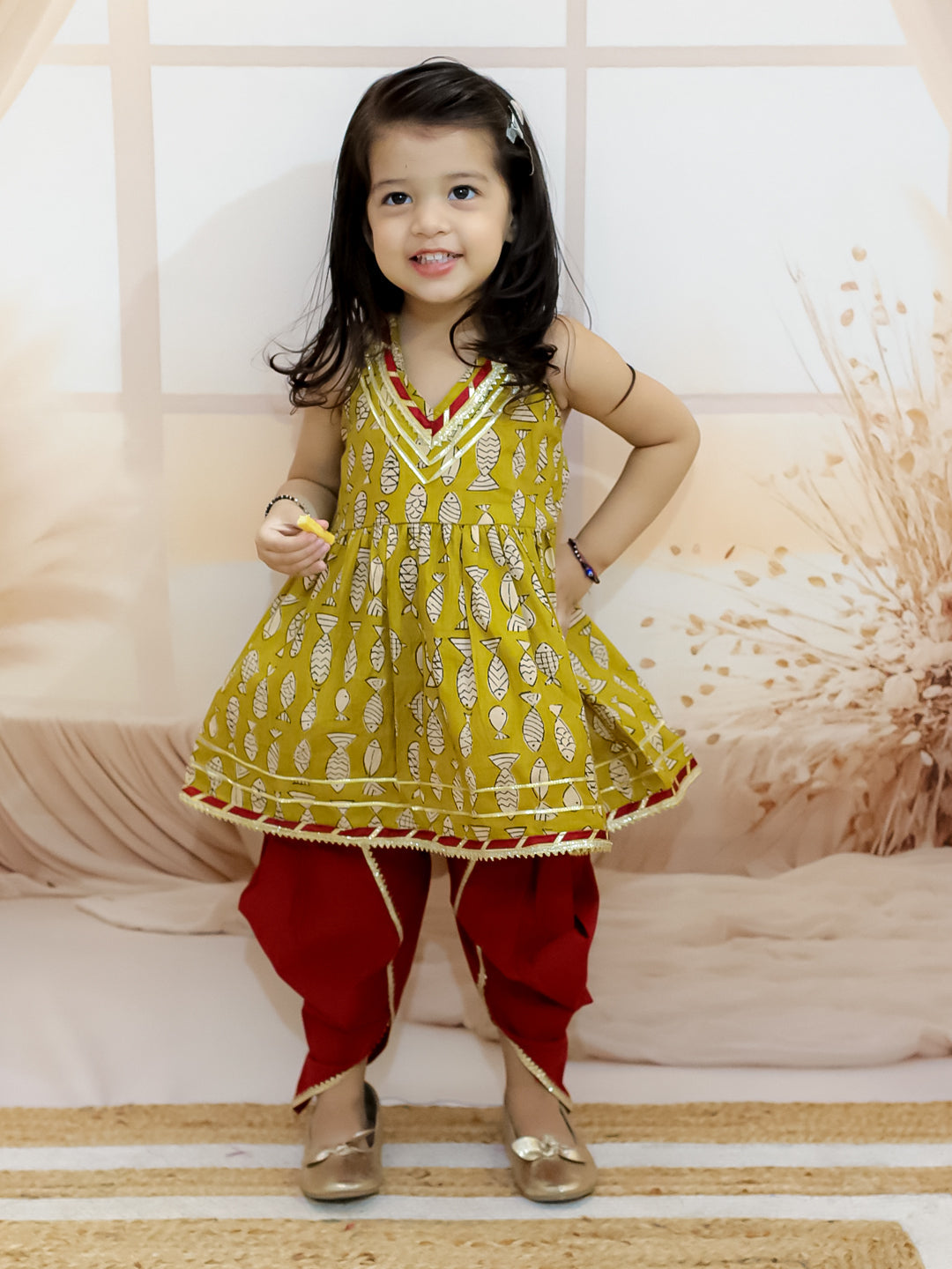 Pure Cotton Ethnic Suit Set for Girls - Yellow | BR24SU49YWA