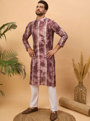Ethnic Bay Men Burgundy Silk Blend Shibori Embroidered Straight Kurta With Pant Set-MKSET1537