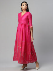 Pink Crepe Printed Maxi Dress-AHDRCHKP-953