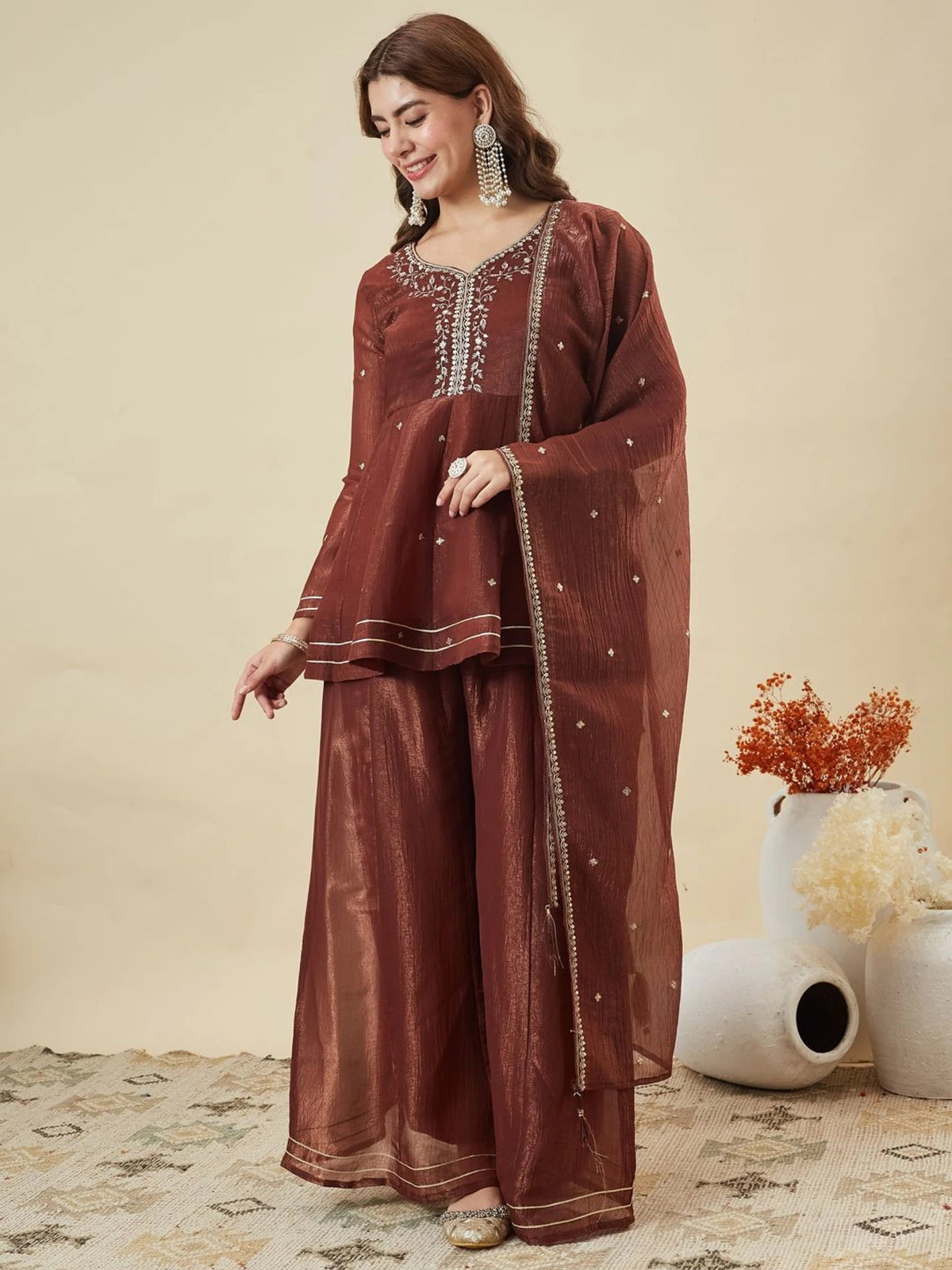 Dupion Silk Kurta Set for Women - Brown | MLWSHKS8895BRN