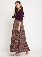 Wine Georgette Gold Foil Print Flared Kurta with Dupatta-AHKUDU-COMBO-408