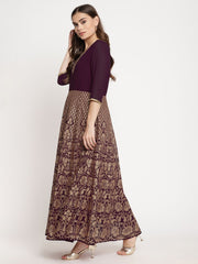 Wine Georgette Gold Foil Print Flared Kurta with Dupatta-AHKUDU-COMBO-408