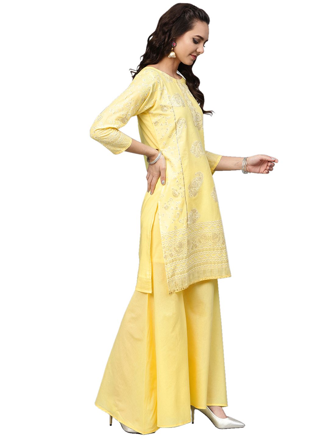 Yellow Glitter Print Sharara Set | Women's Kurta Sharara Suit
