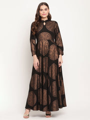 Women Black Crepe Copper Foil Print Dress-AHDRCRFP-900