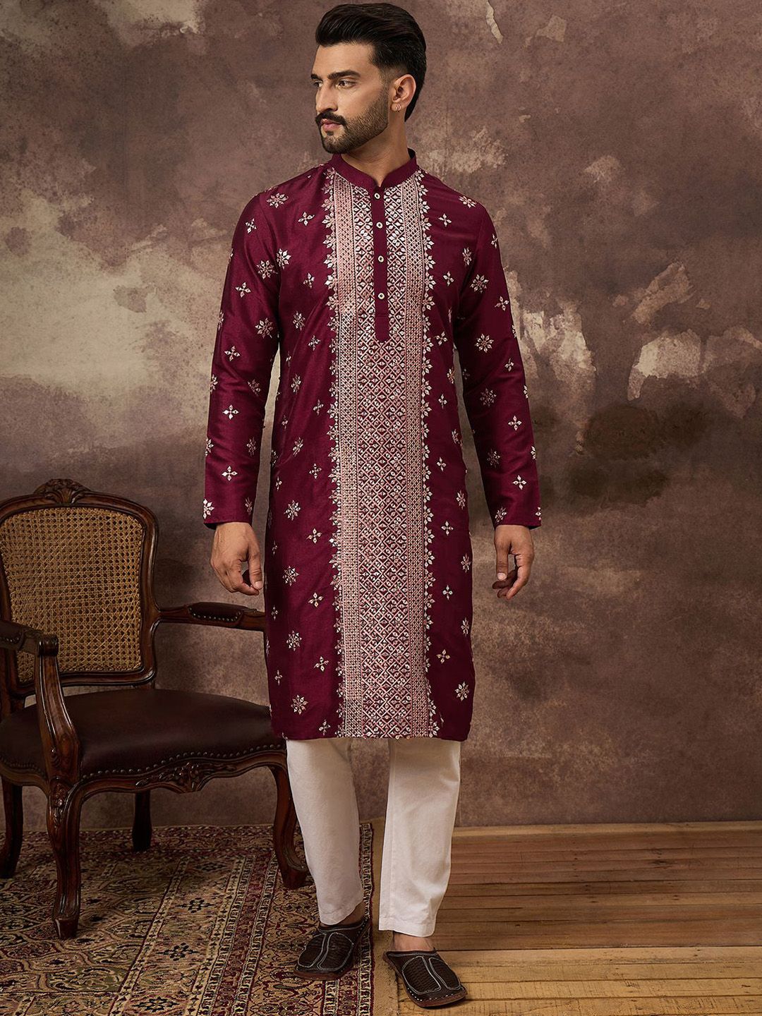 Ethnic Bay Men Maroon Silk Blend Solid Embroidered Straight Kurta With Pant Set-MKSET1369