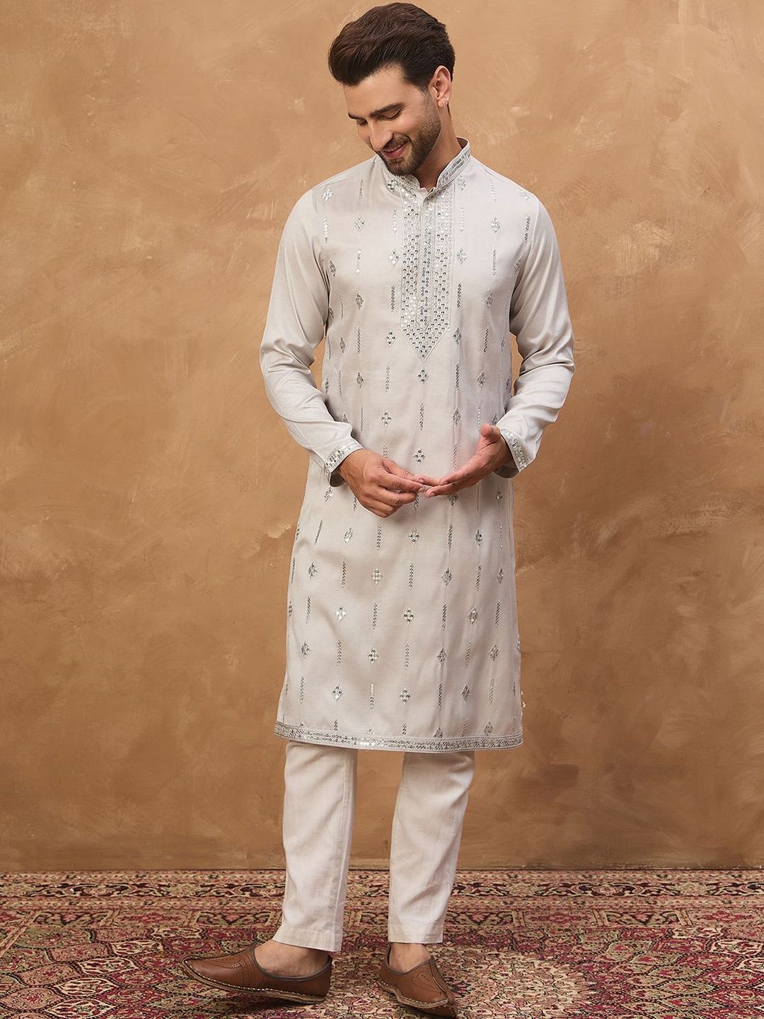 Ethnic Bay Men Grey Silk Blend Solid Embroidered Straight Kurta With Pant Set-MKSET1438