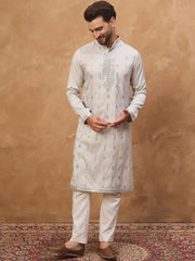 Ethnic Bay Men Grey Silk Blend Solid Embroidered Straight Kurta With Pant Set-MKSET1438