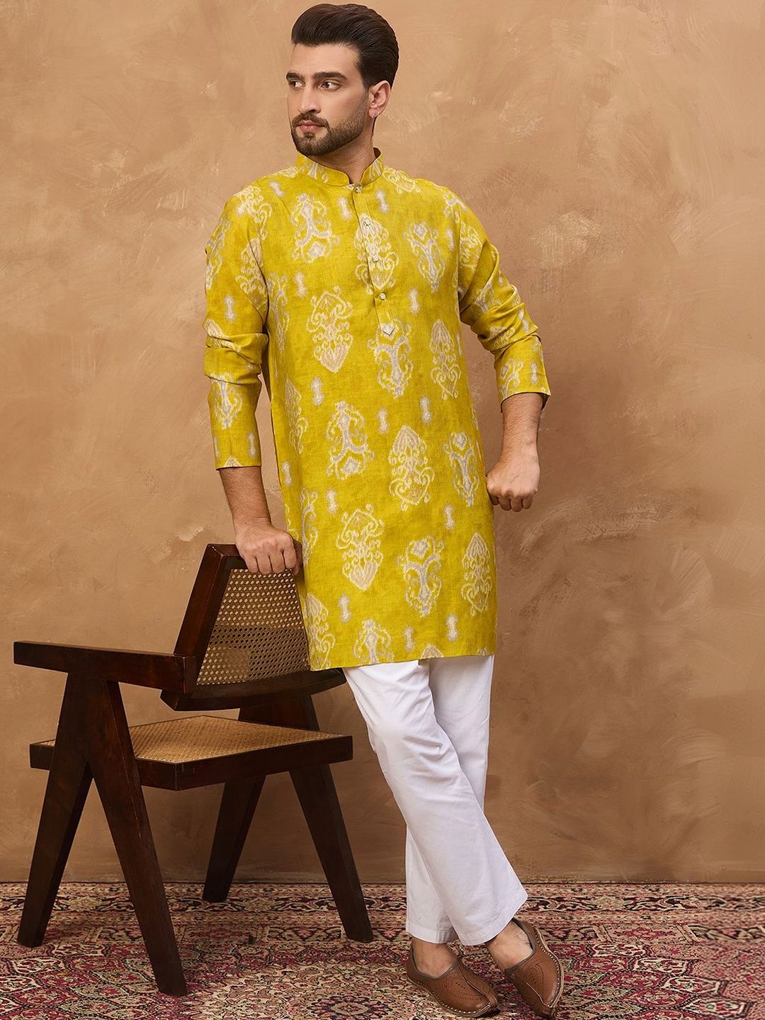 Ethnic Bay Men Yellow Viscose Rayon Ikat Printed Straight Kurta With Pant Set-MKSET1543