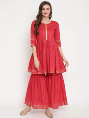 Women's Red Pure Cotton Gold Print Sharara Set-AHKUGH-COMBO-334