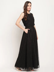 Black Net Glitter Print Top Skirt Set With Dupatta-AHTPDUSK-COMBO-399-FF