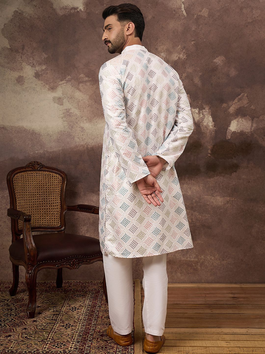 Ethnic Bay Men White Silk Blend Solid Embroidered Straight Kurta With Pant Set-MKSET1382