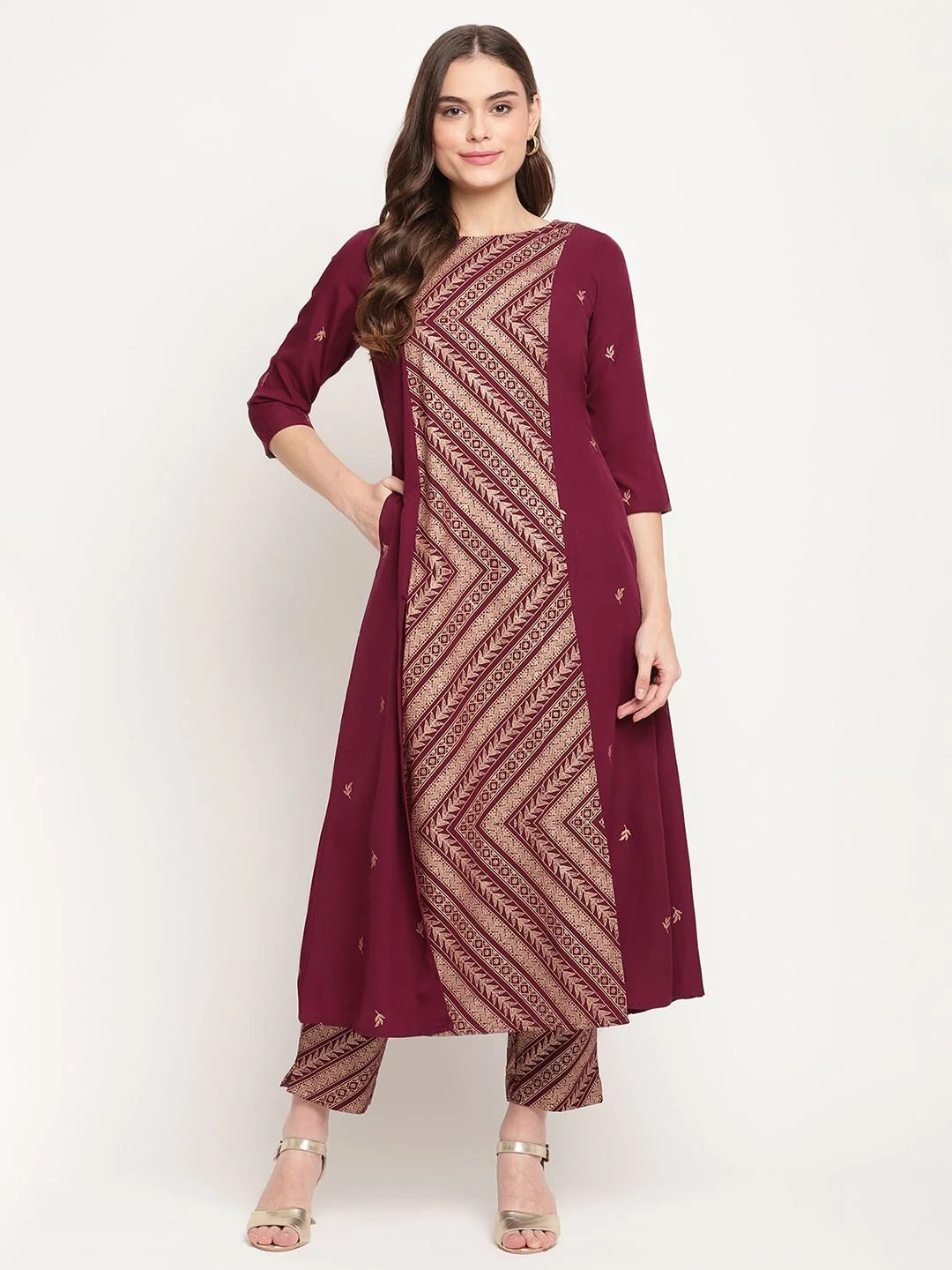 Wine Glitter Print Kurta Trouser Set | Designer Kurta Sets Online