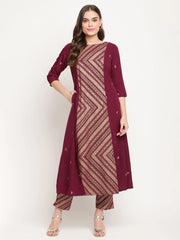 Wine Crepe Gold Glitter Print Kurta Trouser Set-AHKUPN-COMBO-367