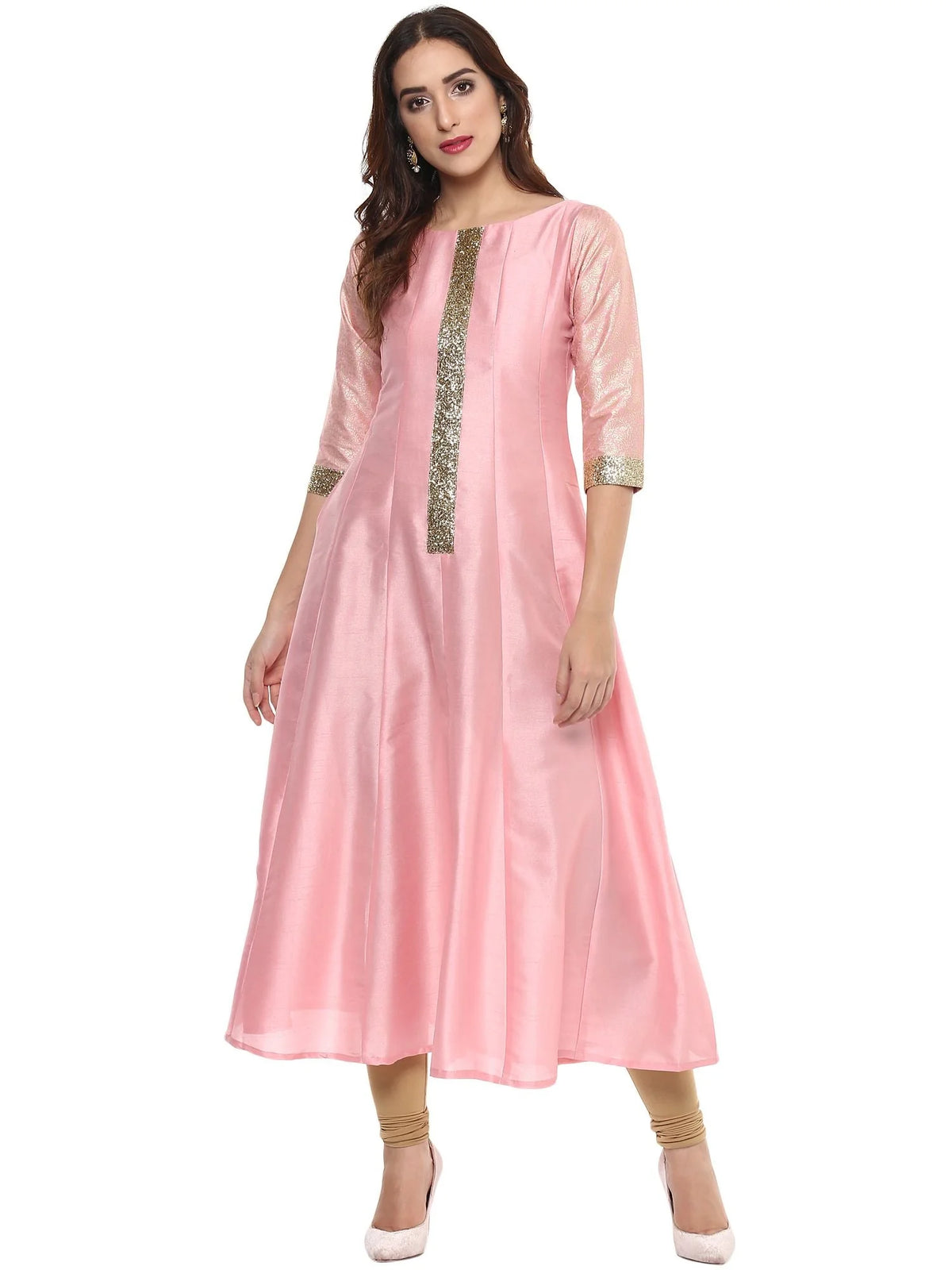 Pink Poly Silk Gold Foil Print Kurta-AHKUPSFP-561