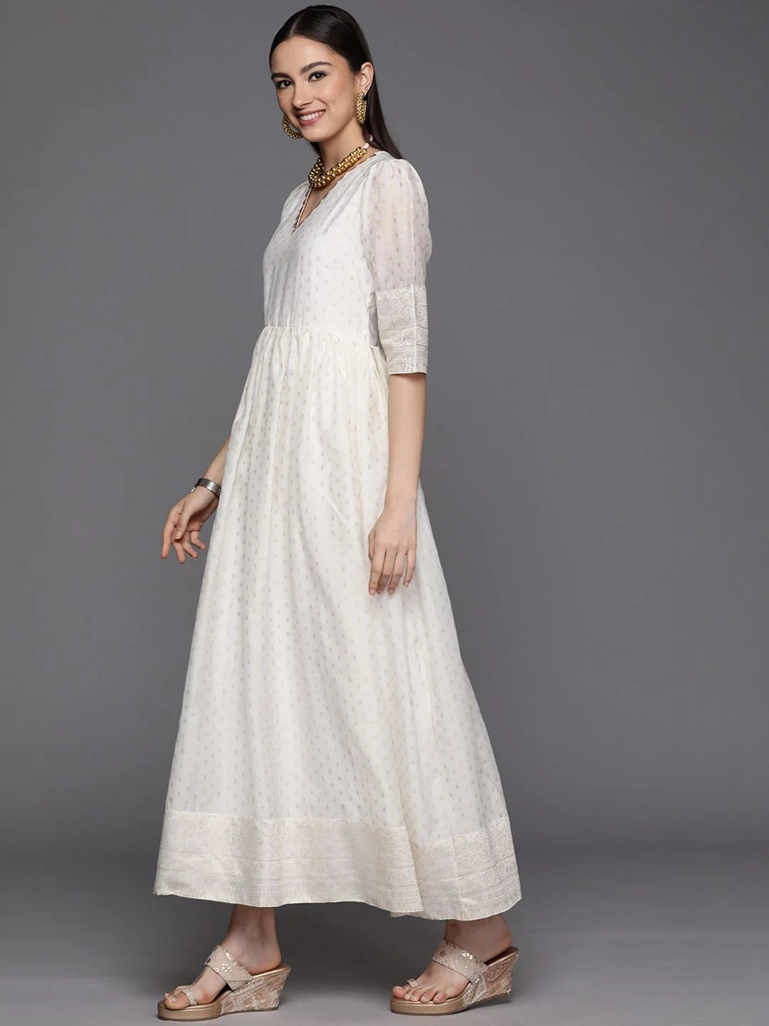 Off White Chanderi Gold Print Dress | Indian Dresses