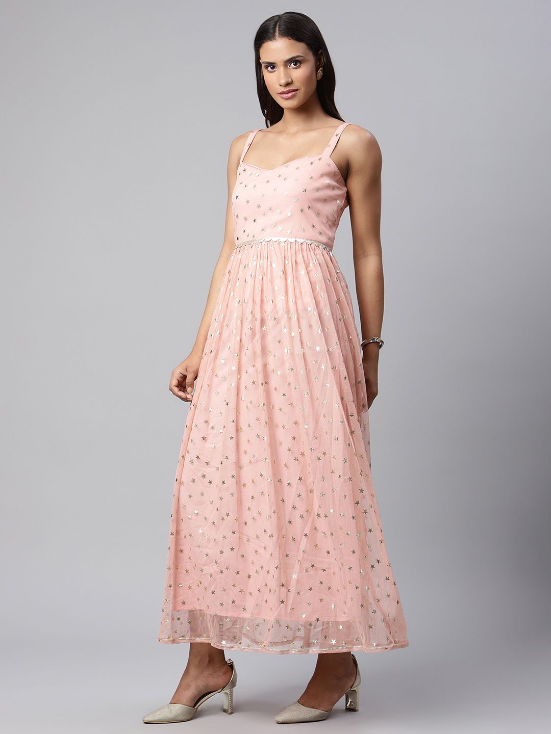 Pink Net Gold Foil Print Dress | Indian Dresses