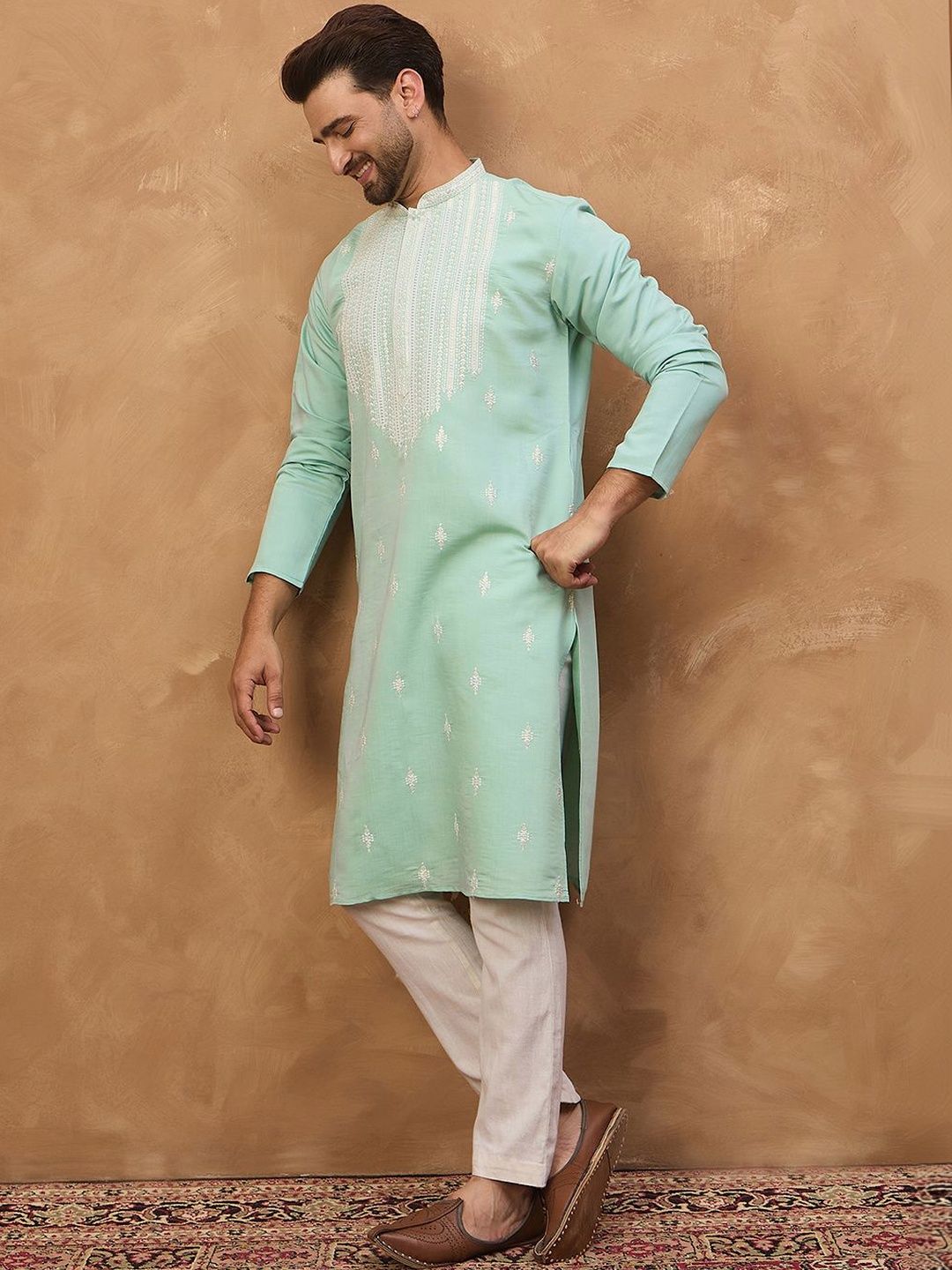 Ethnic Bay Men Blue Silk Blend Solid Embroidered Straight Kurta With Pant Set-MKSET1511