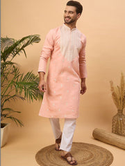 Ethnic Bay Men Peach Silk Blend Solid Embroidered Straight Kurta With Pant Set-MKSET1510