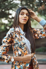 DesiQlo Women Mustard Yellow & Grey Satin Finish Printed Single-Breasted Blazer ( JOB 6002 Mustard )