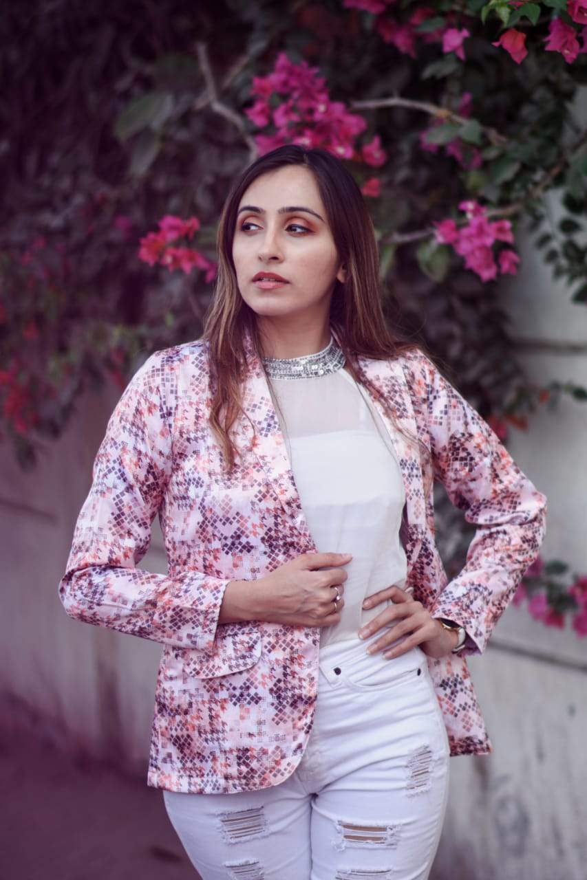 DesiQlo Women Peach-Coloured & Grey Satin Printed Single-Breasted Casual Blazer ( JOB 6002 Peach )