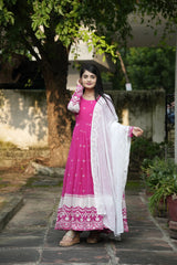 Women's Pink Faux Blooming Embroidery Anarkali Kurta Pant With Dupatta-MED3-6063
