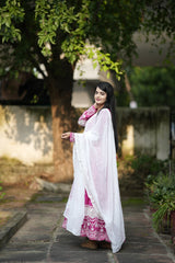 Women's Pink Faux Blooming Embroidery Anarkali Kurta Pant With Dupatta-MED3-6063