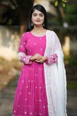 Women's Pink Faux Blooming Embroidery Anarkali Kurta Pant With Dupatta-MED3-6063
