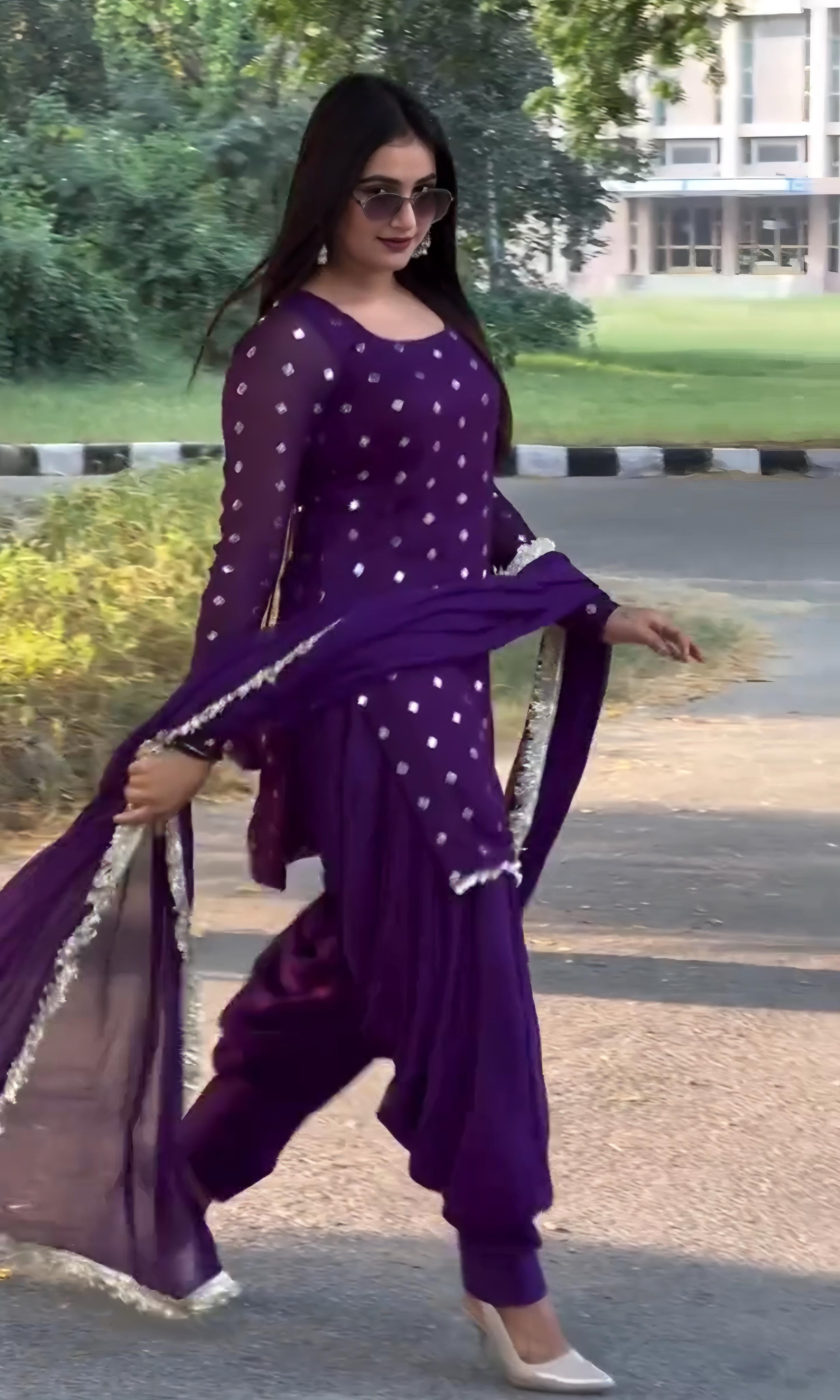 Women's Purple Faux Georgette Embroidery Kurta Dhoti With Dupatta
