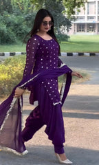 Women's Purple Faux Georgette Embroidery Kurta Dhoti With Dupatta-MED3-6067