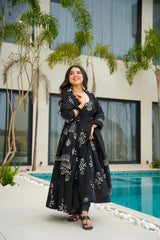 Women's Black Muslin Digital Printed Anarkali Kurta Palazzo With Dupatta-MED3-6060
