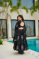 Women's Black Muslin Digital Printed Anarkali Kurta Palazzo With Dupatta-MED3-6060