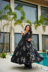 Women's Black Muslin Digital Printed Anarkali Kurta Palazzo With Dupatta-MED3-6060