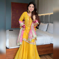 Women's Yellow Chinnon Silk Embroidery Kurta Sharara With Dupatta-MED3-6062