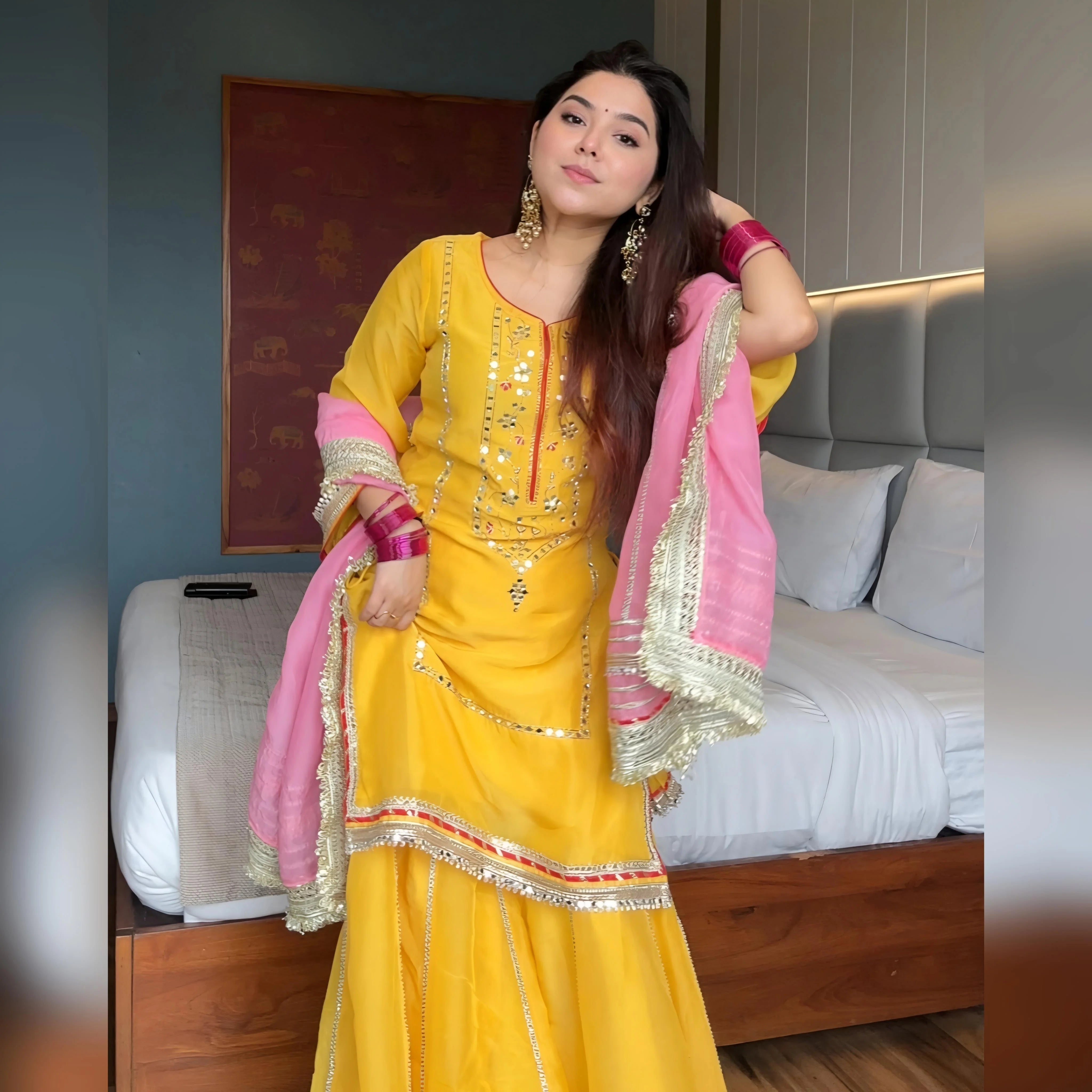 Women's Yellow Chinnon Silk Embroidery Kurta Sharara With Dupatta