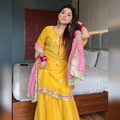 Women's Yellow Chinnon Silk Embroidery Kurta Sharara With Dupatta-MED3-6062