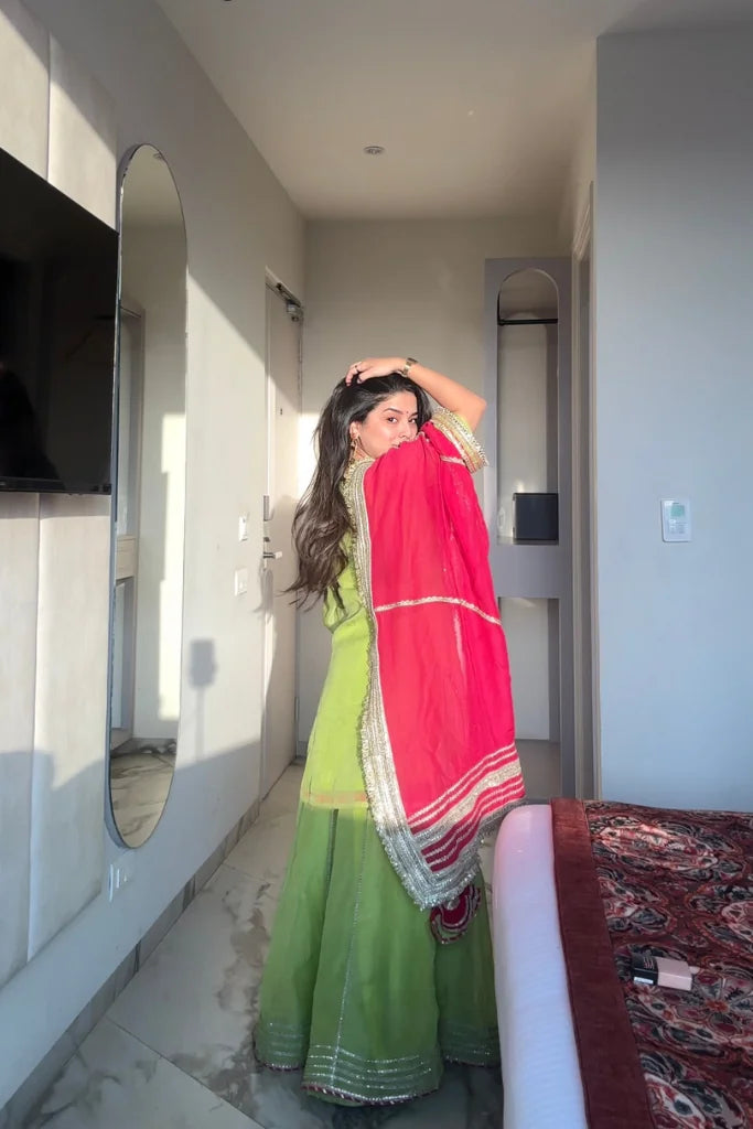 Women's Green Faux Blooming Embroidery Kurta Sharara With Dupatta