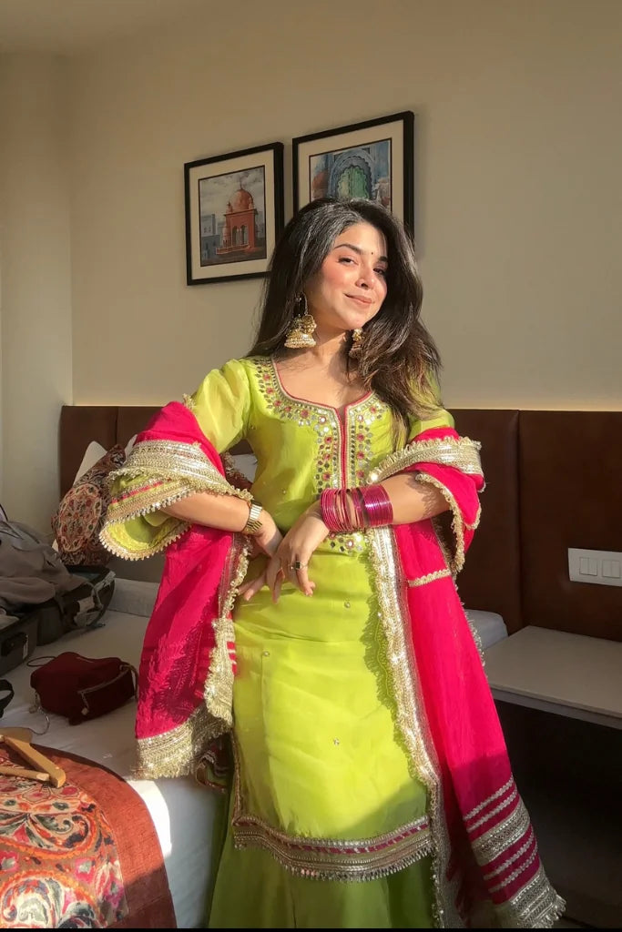 Women's Green Faux Blooming Embroidery Kurta Sharara With Dupatta