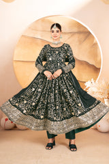 Women's Dark Green Georgette Embroidery Anarkali Suit Set With Dupatta-MED3-6064