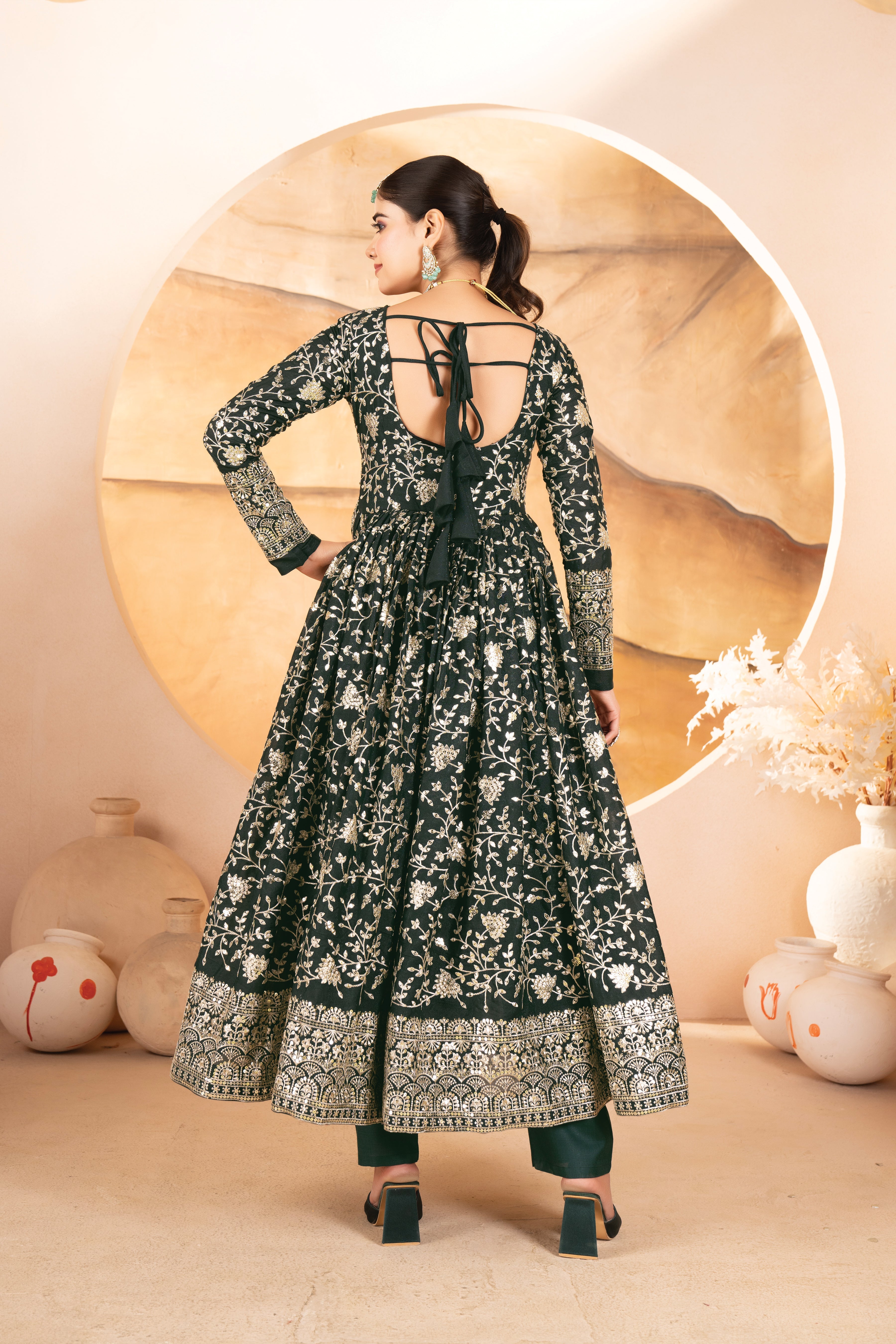 Women's Dark Green Georgette Embroidery Anarkali Suit Set With Dupatta