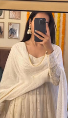 Women's White Faux Blooming Embroidery Anarkali Kurta Pant With Dupatta-MED3-6065
