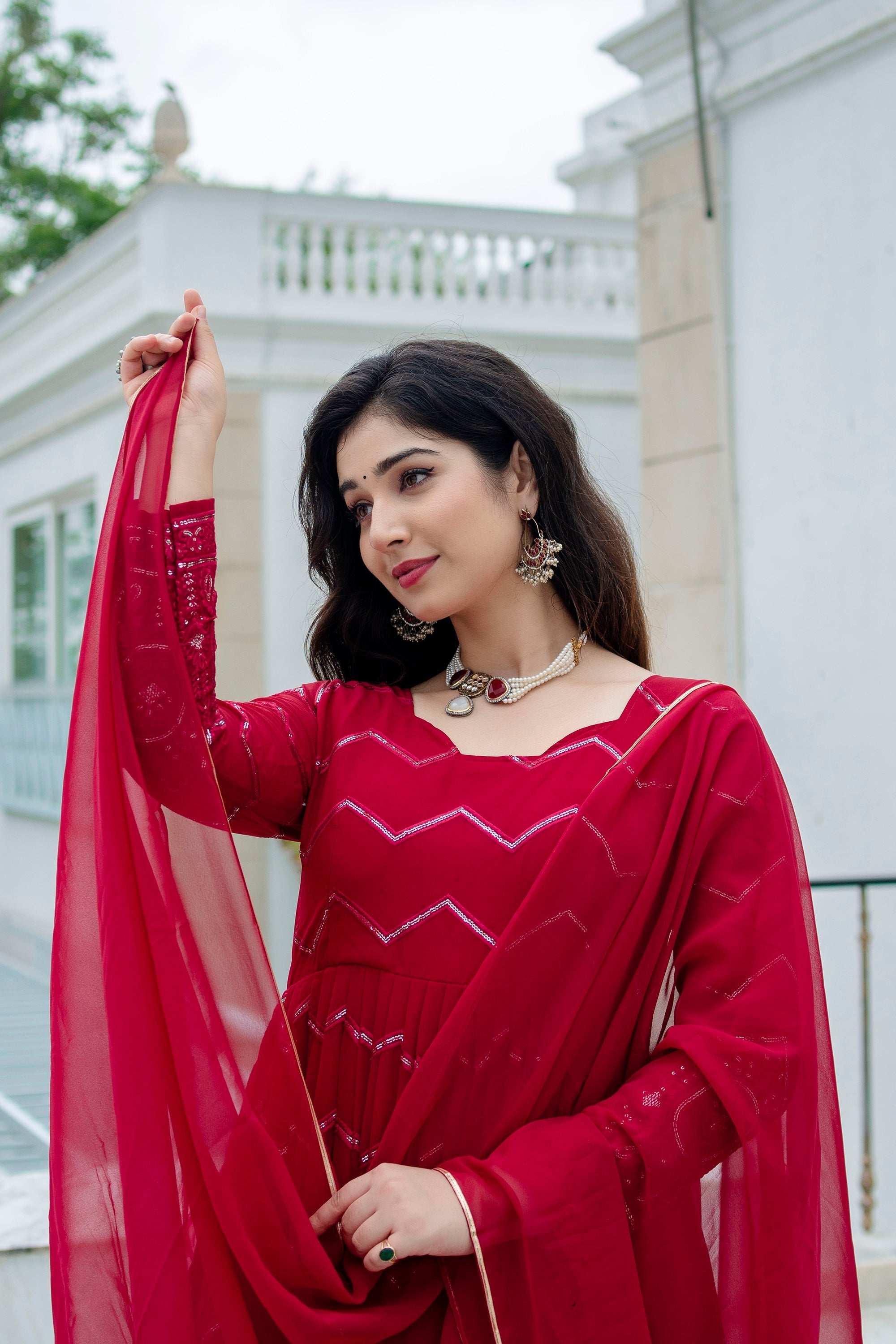 Women's Red Faux Georgette Embroidery Anarkali Kurta Pant With Dupatta