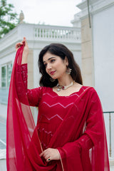 Women's Red Faux Georgette Embroidery Anarkali Kurta Pant With Dupatta-MED3-6066