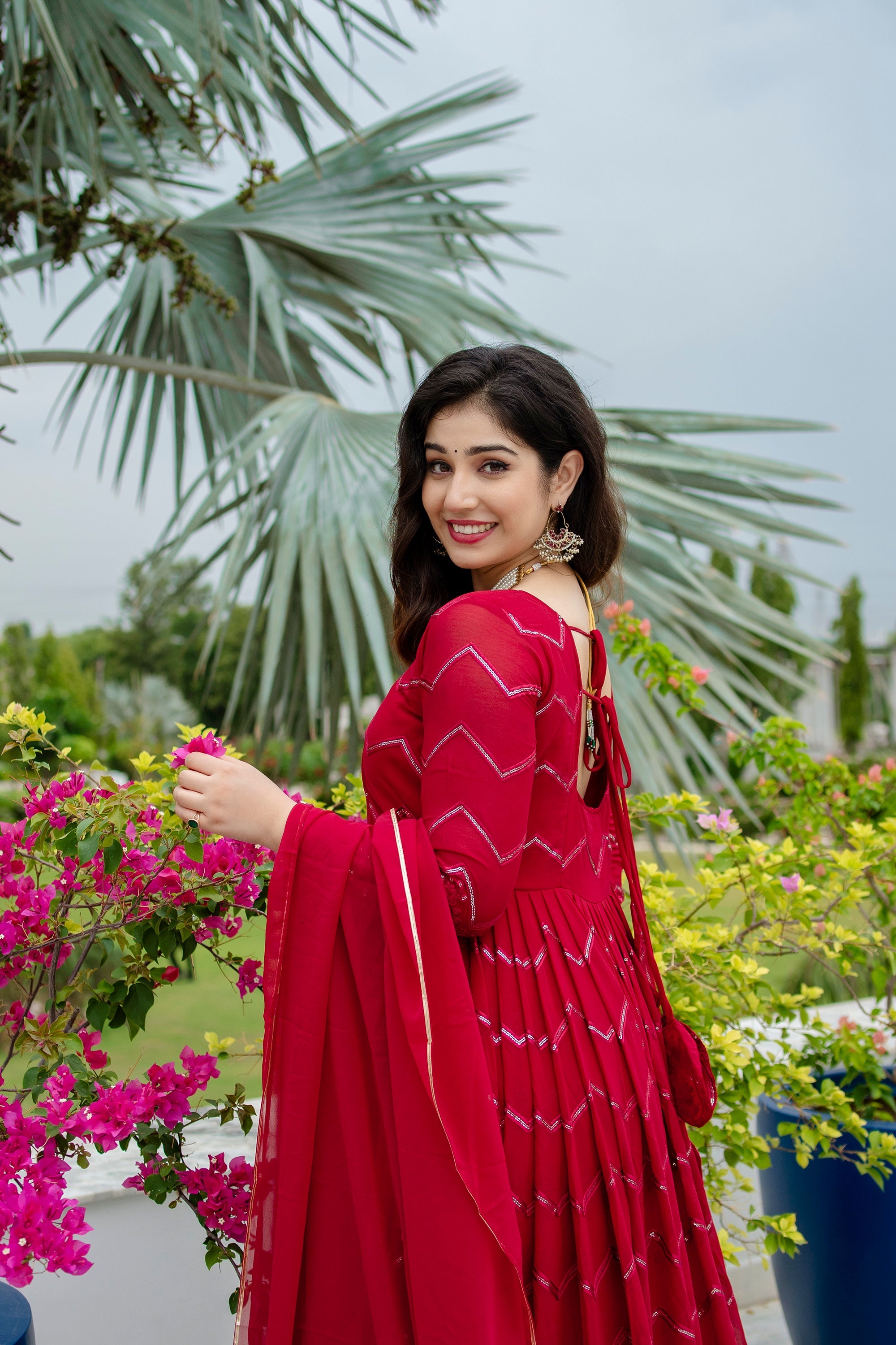 Women's Red Faux Georgette Embroidery Anarkali Kurta Pant With Dupatta