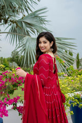Women's Red Faux Georgette Embroidery Anarkali Kurta Pant With Dupatta-MED3-6066