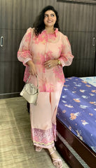 Plus Size Solid Top with Floral Printed Sheer Shirt & Trousers Co-Ords