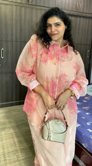 Plus Size Solid Top with Floral Printed Sheer Shirt & Trousers Co-Ords