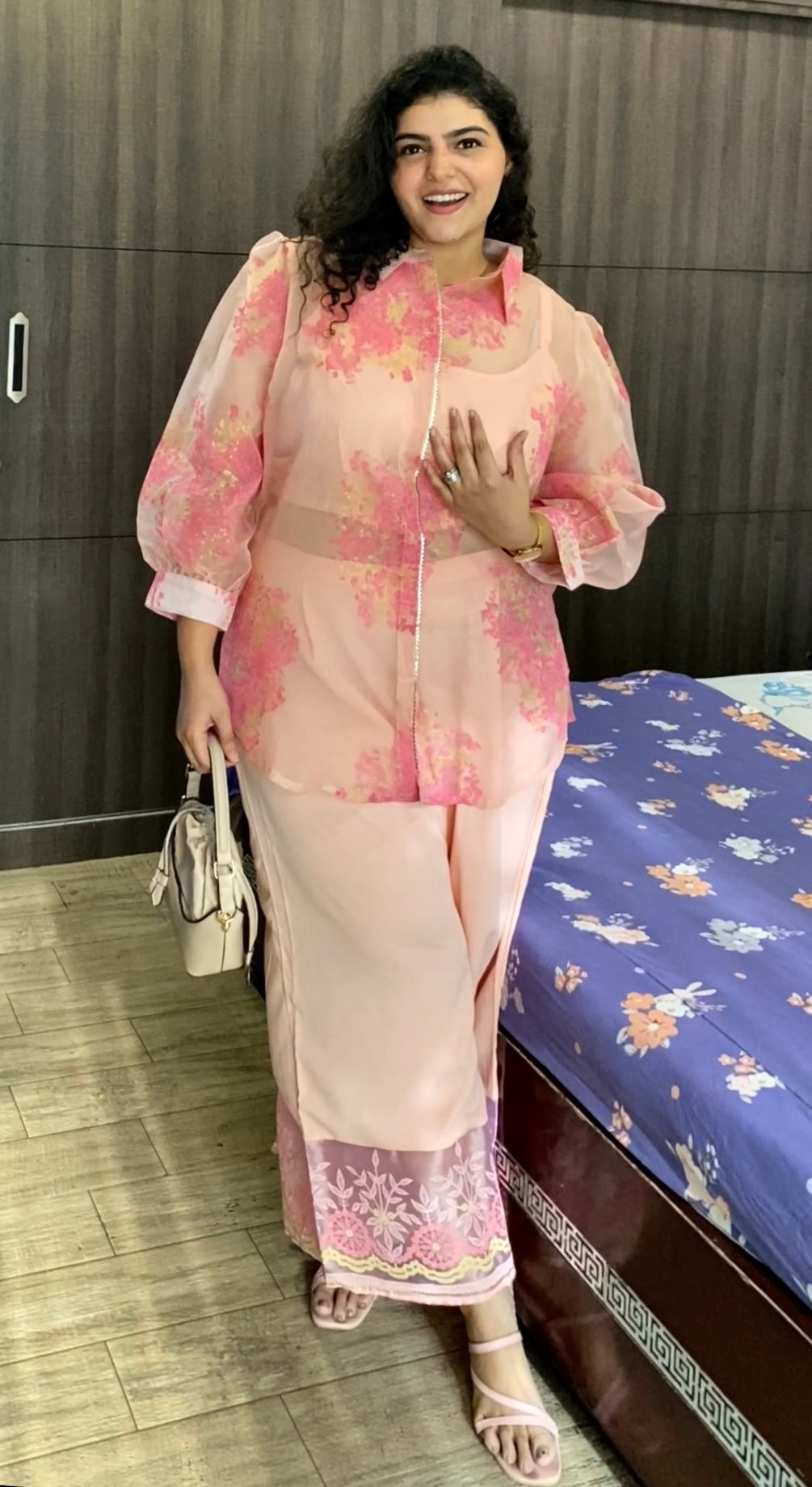 Plus Size Solid Top with Floral Printed Sheer Shirt & Trousers Co-Ords