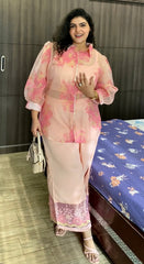 Plus Size Solid Top with Floral Printed Sheer Shirt & Trousers Co-Ords