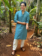 Men's Teal Cotton Floral printed kurta Pyjama Set