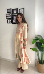 Cream & Pink Floral Print Pure Cotton Anarkali Kurta with Palazzos-AHKUPZ-COMBO-525-FF